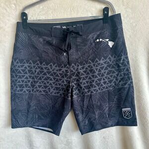 RVCA Performance Stretch Surf Trunks Board Shorts Gray Black Aloha Size 38 Mens